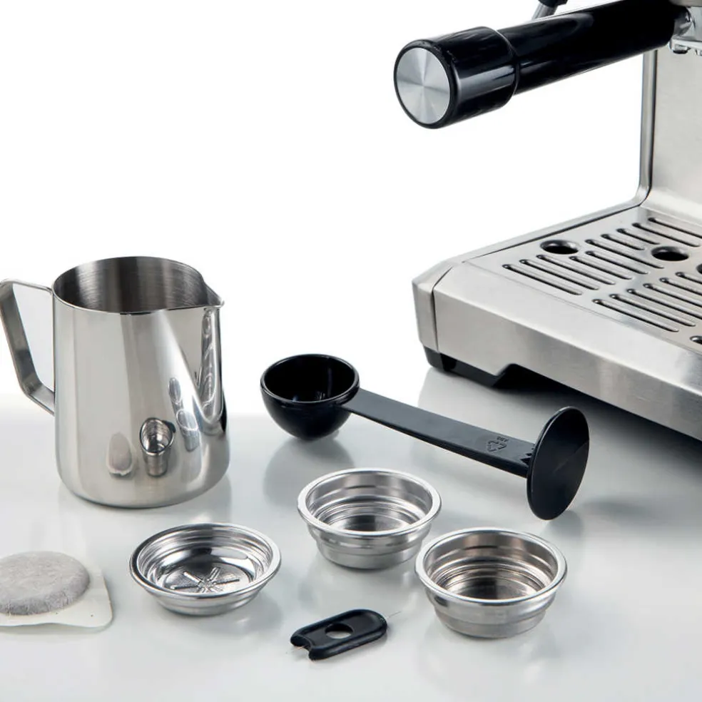 Cafetera Espresso de metal con molinillo de café y monodosis Ariete
