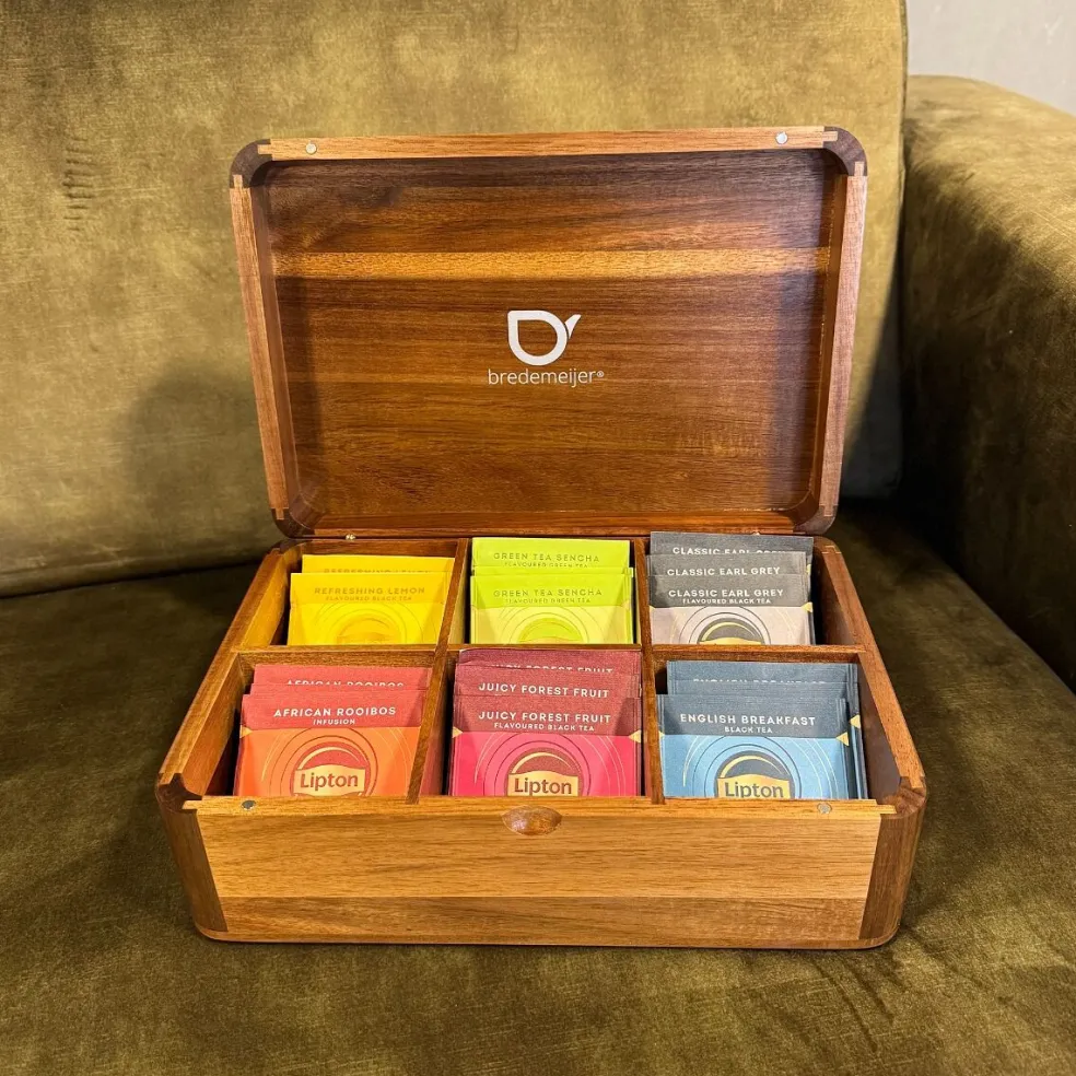Caja de té de madera de acacia con 6 compartimentos Bredemeijer