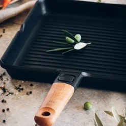 Grill antiadherente con rayas y mango madera desmontable Market BRA