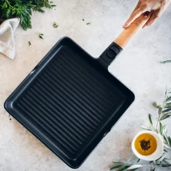 Grill antiadherente con rayas y mango madera desmontable Market BRA