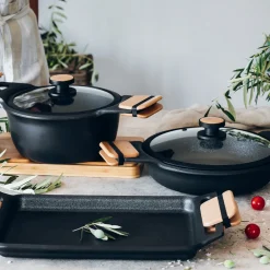 Grill liso antiadherente y mango madera desmontable Market BRA