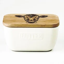 Mantequera cerámica con tapa de madera de roble Selbrae