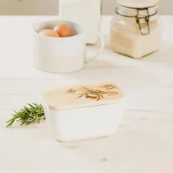 Mantequera cerámica con tapa de madera de roble Selbrae
