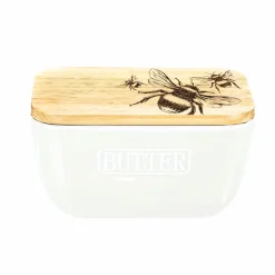 Mantequera cerámica con tapa de madera de roble Selbrae