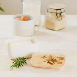 Mantequera cerámica con tapa de madera de roble Selbrae