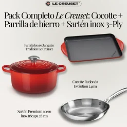 Pack Completo Le Creuset: Cocotte + Parrilla de hierro + Sartén inox 3-Ply