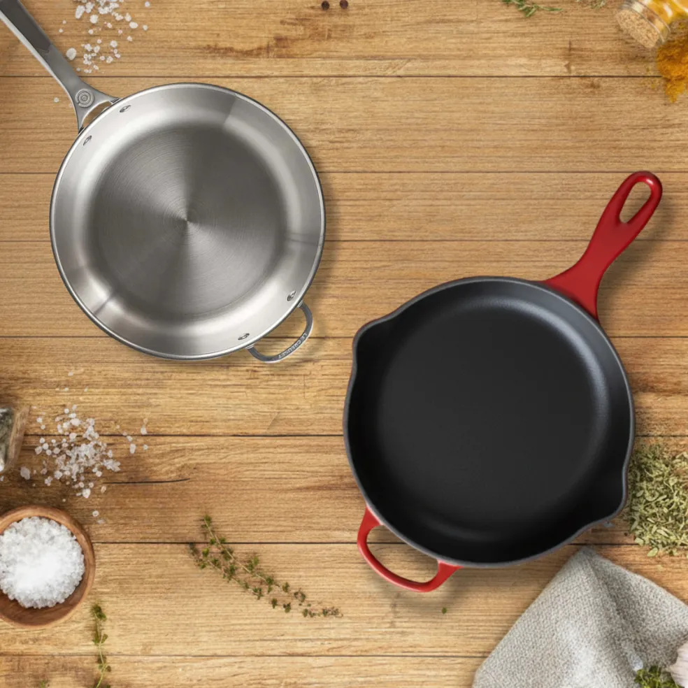 Pack sartén de hierro skillet y Sartén acero inoxidable Le Creuset