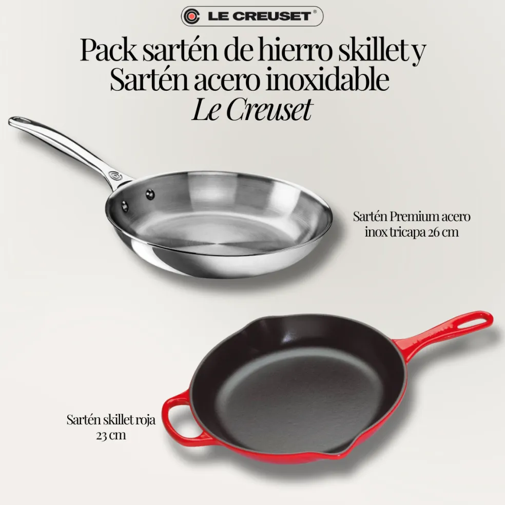 Pack sartén de hierro skillet y Sartén acero inoxidable Le Creuset