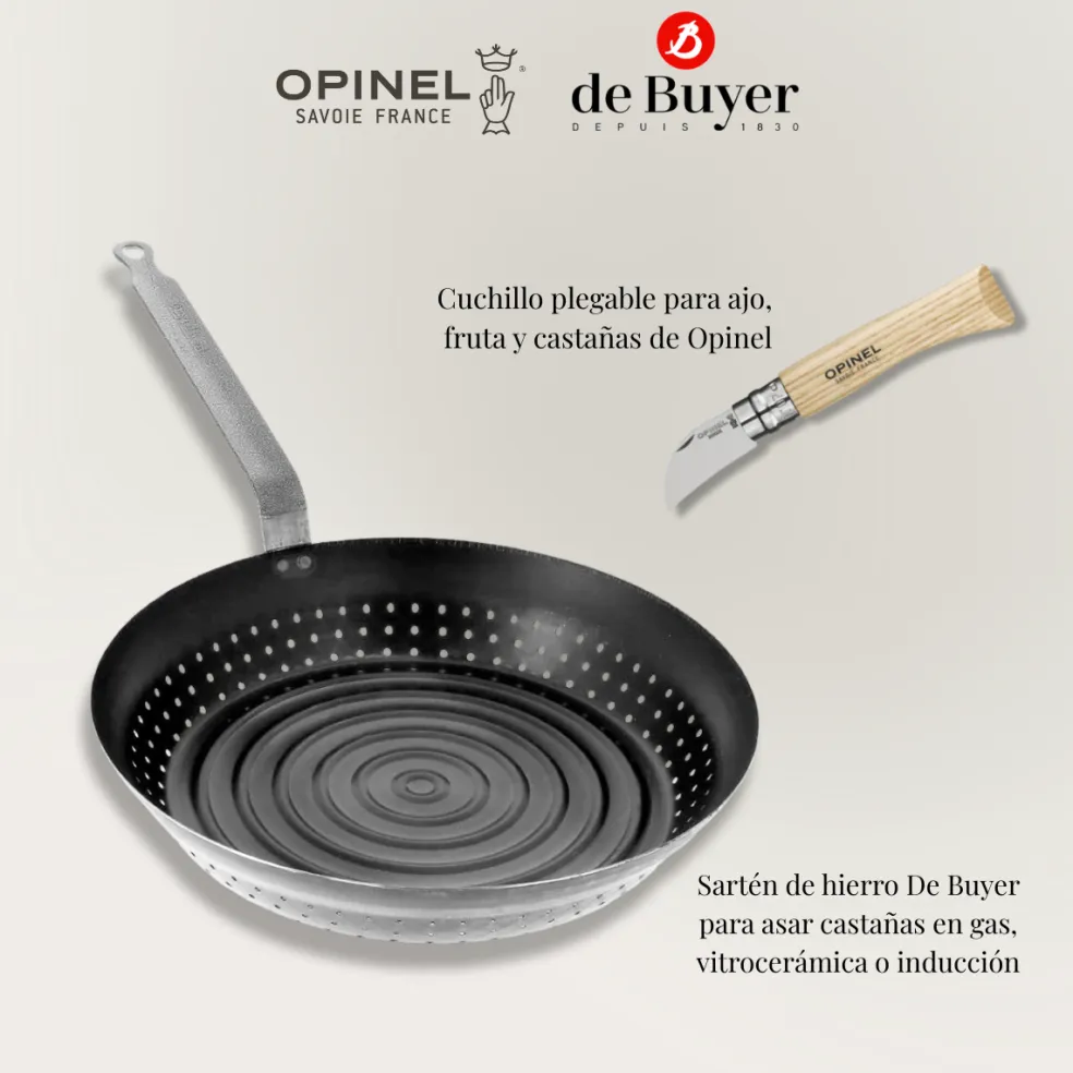 Pack sartén para castañas De Buyer y cuchillo para castañas Opinel