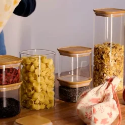 Recipientes herméticos de cristal con tapa de bambú Pebbly