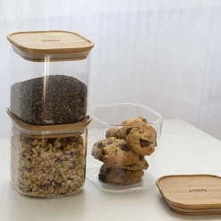 Recipientes herméticos de cristal con tapa de bambú Pebbly