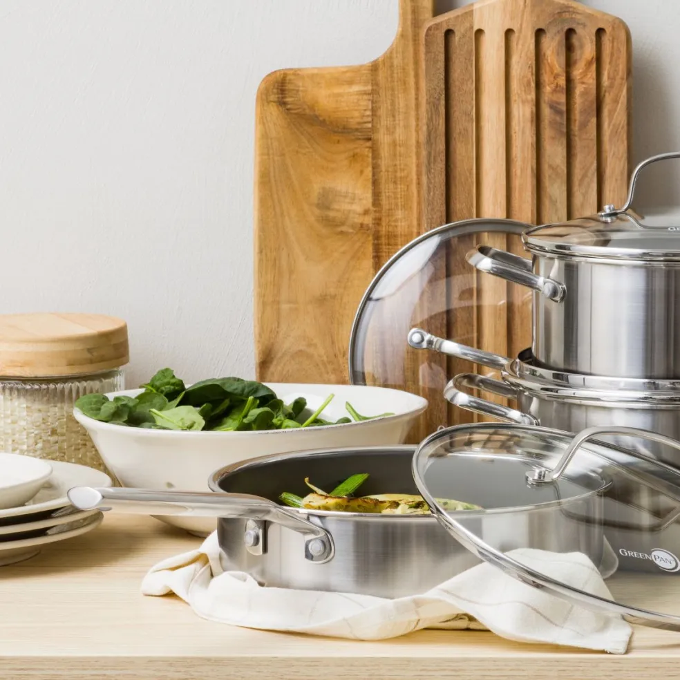 Sauté cerámica de acero inox tricapa con fondo de nido de abeja y tapa de cristal Apex GreenPan