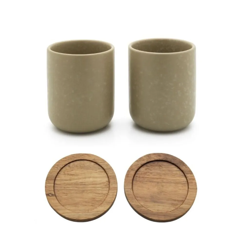 Set de 2 vasos cerámicos con posavasos de bambú Umea Bredemeijer
