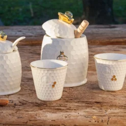 Tarro de porcelana para la miel con cuchara de madera Aperegina Oro La Porcellana Bianca