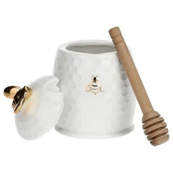 Tarro de porcelana para la miel con cuchara de madera Aperegina Oro La Porcellana Bianca
