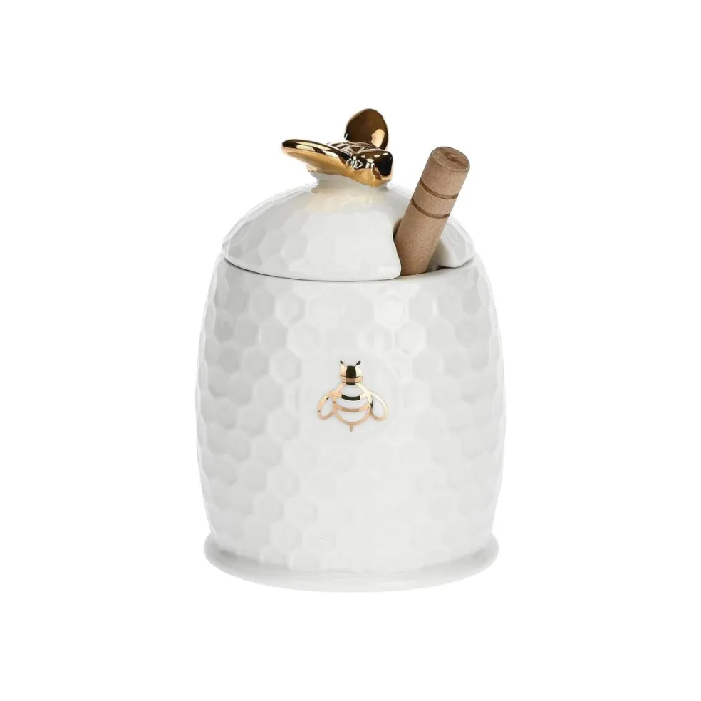 Tarro de porcelana para la miel con cuchara de madera Aperegina Oro La Porcellana Bianca