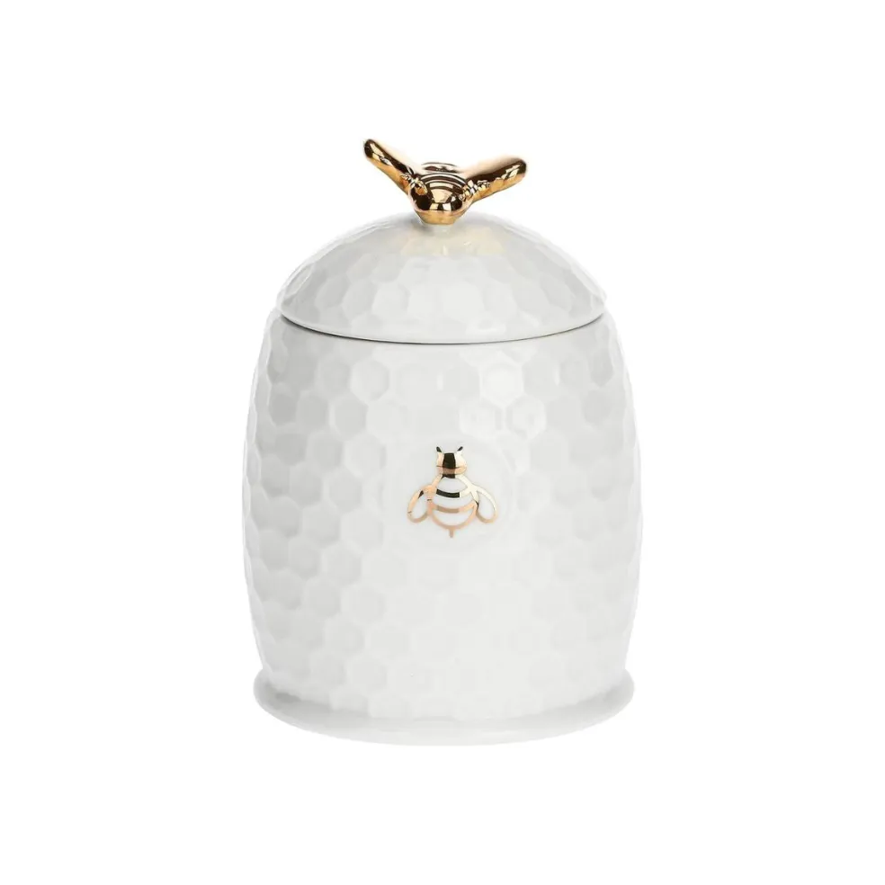 Tarro de porcelana para la miel con cuchara de madera Aperegina Oro La Porcellana Bianca