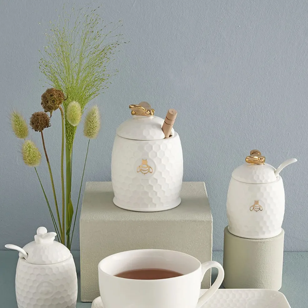 Tarro de porcelana para la miel con cuchara de madera Aperegina Oro La Porcellana Bianca