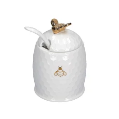 Tarro de porcelana para la miel con cuchara de madera Aperegina Oro La Porcellana Bianca