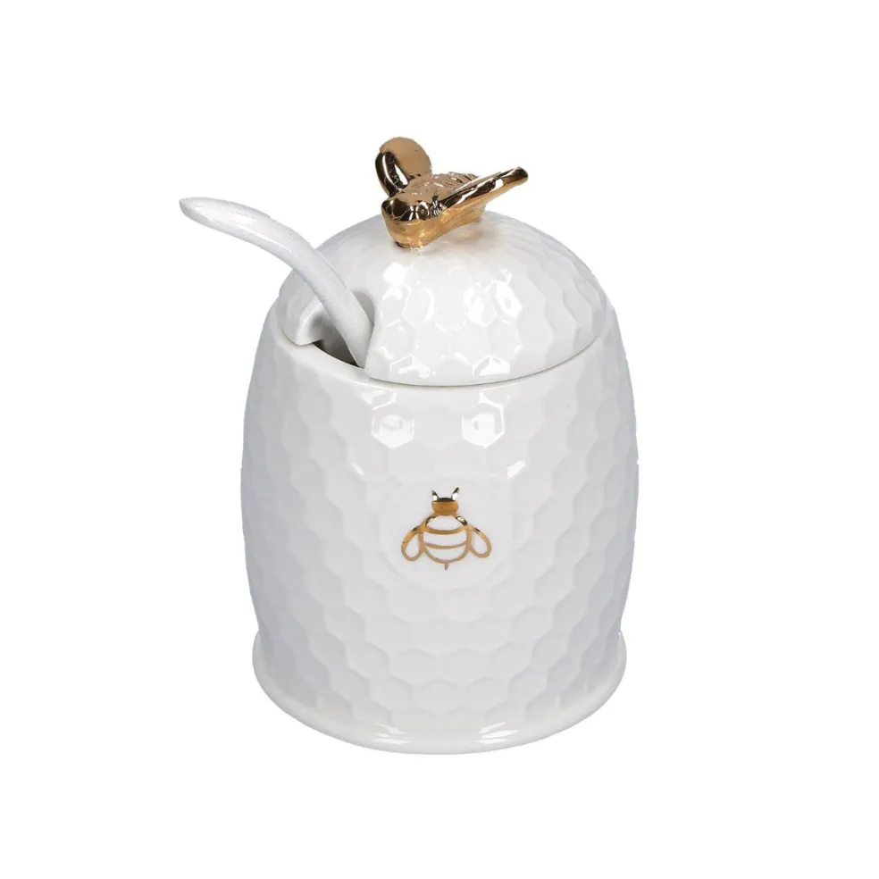 Tarro de porcelana para la miel con cuchara de madera Aperegina Oro La Porcellana Bianca