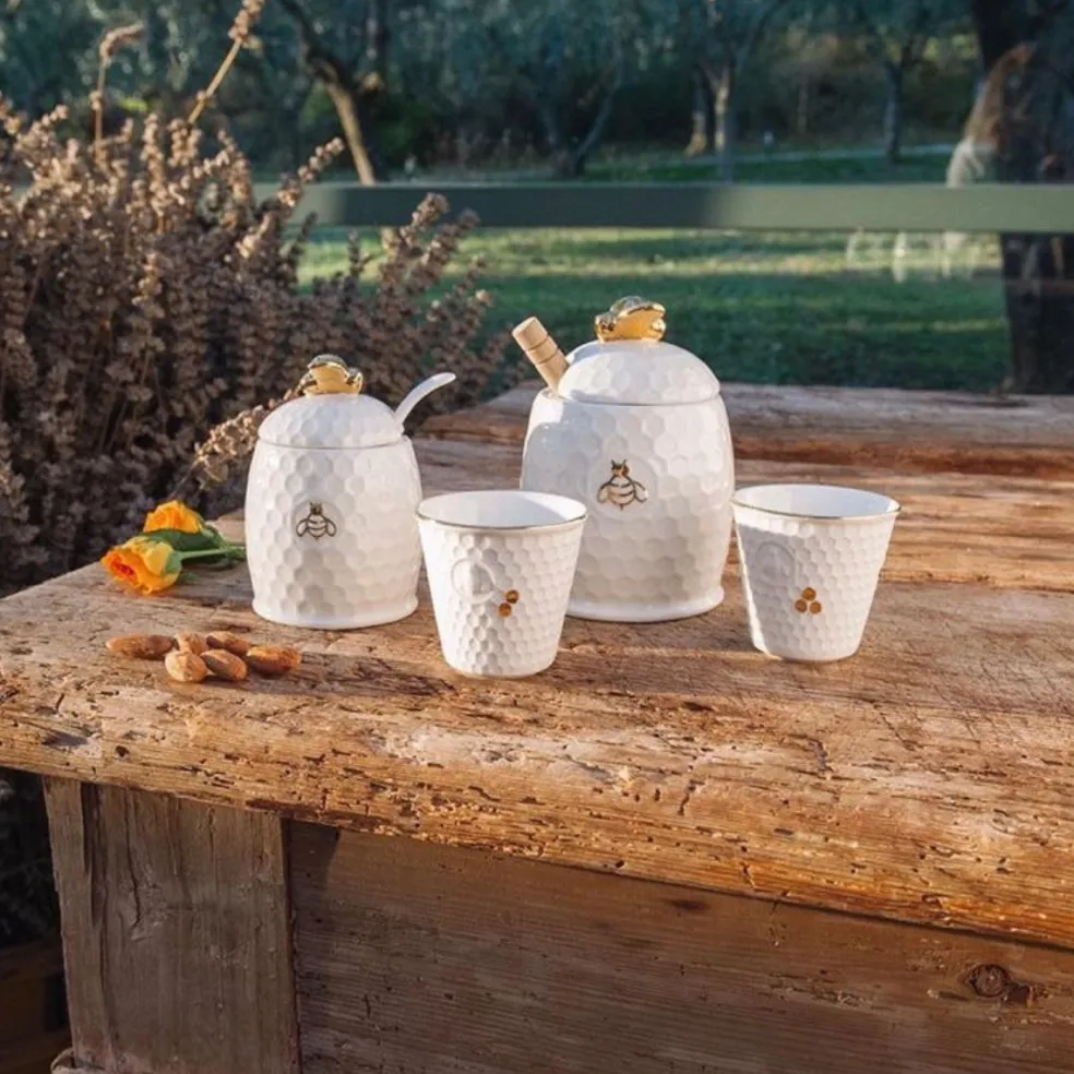 Tarro de porcelana para la miel con cuchara de madera Aperegina Oro La Porcellana Bianca