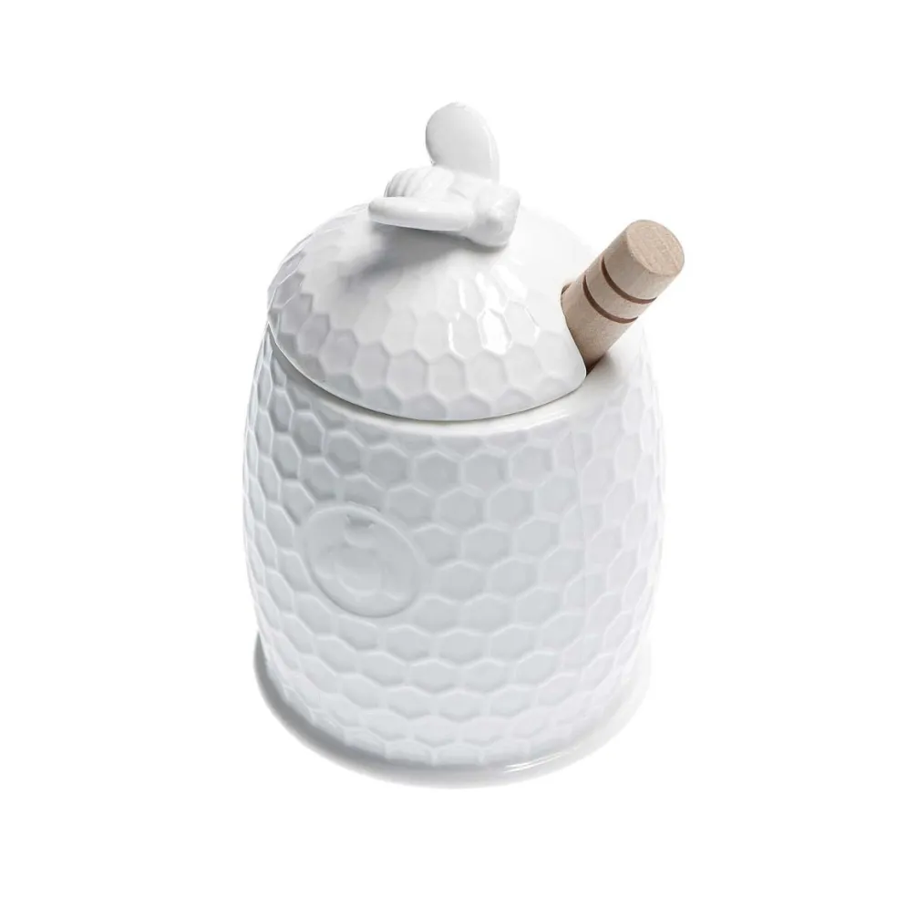 Tarro para la miel de porcelana con cuchara de madera Aperegina La Porcellana Bianca
