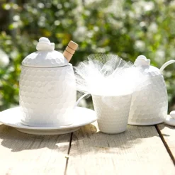 Tarro para la miel de porcelana con cuchara de madera Aperegina La Porcellana Bianca
