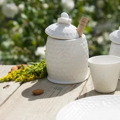 Tarro para la miel de porcelana con cuchara de madera Aperegina La Porcellana Bianca