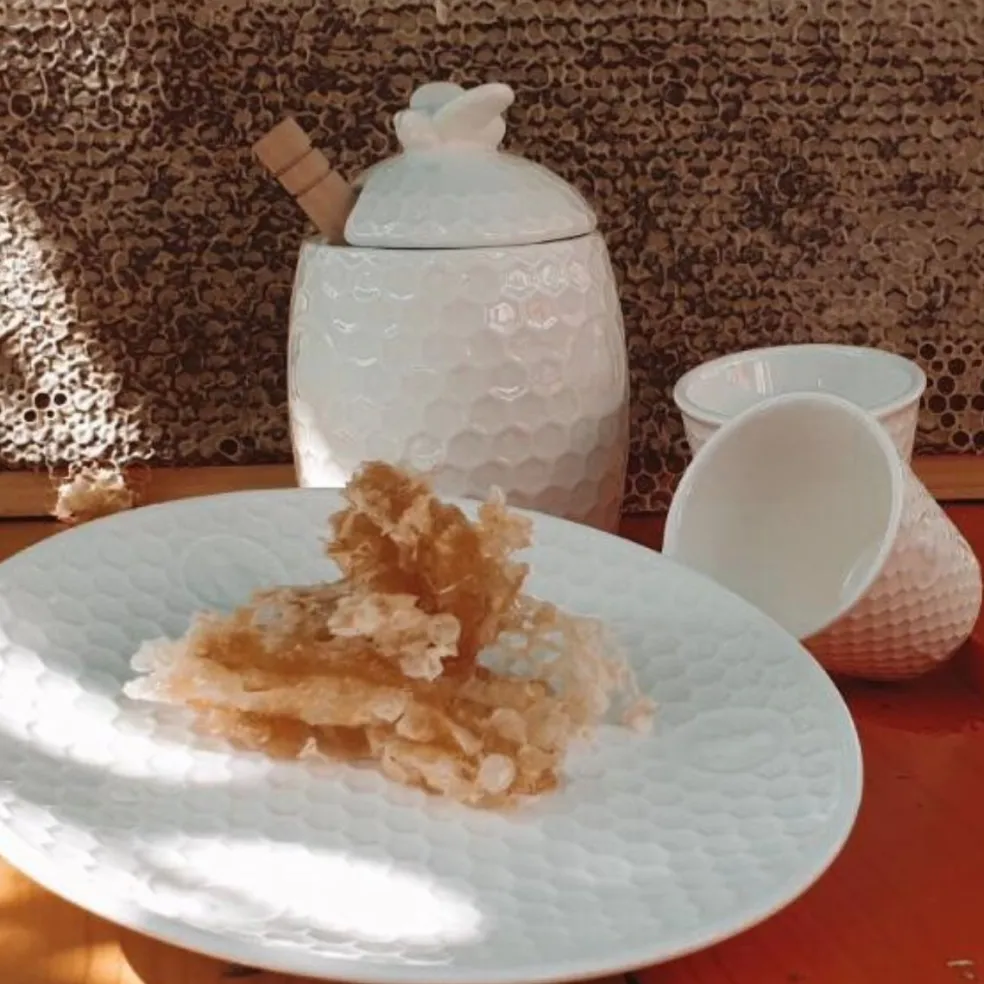Tarro para la miel de porcelana con cuchara de madera Aperegina La Porcellana Bianca