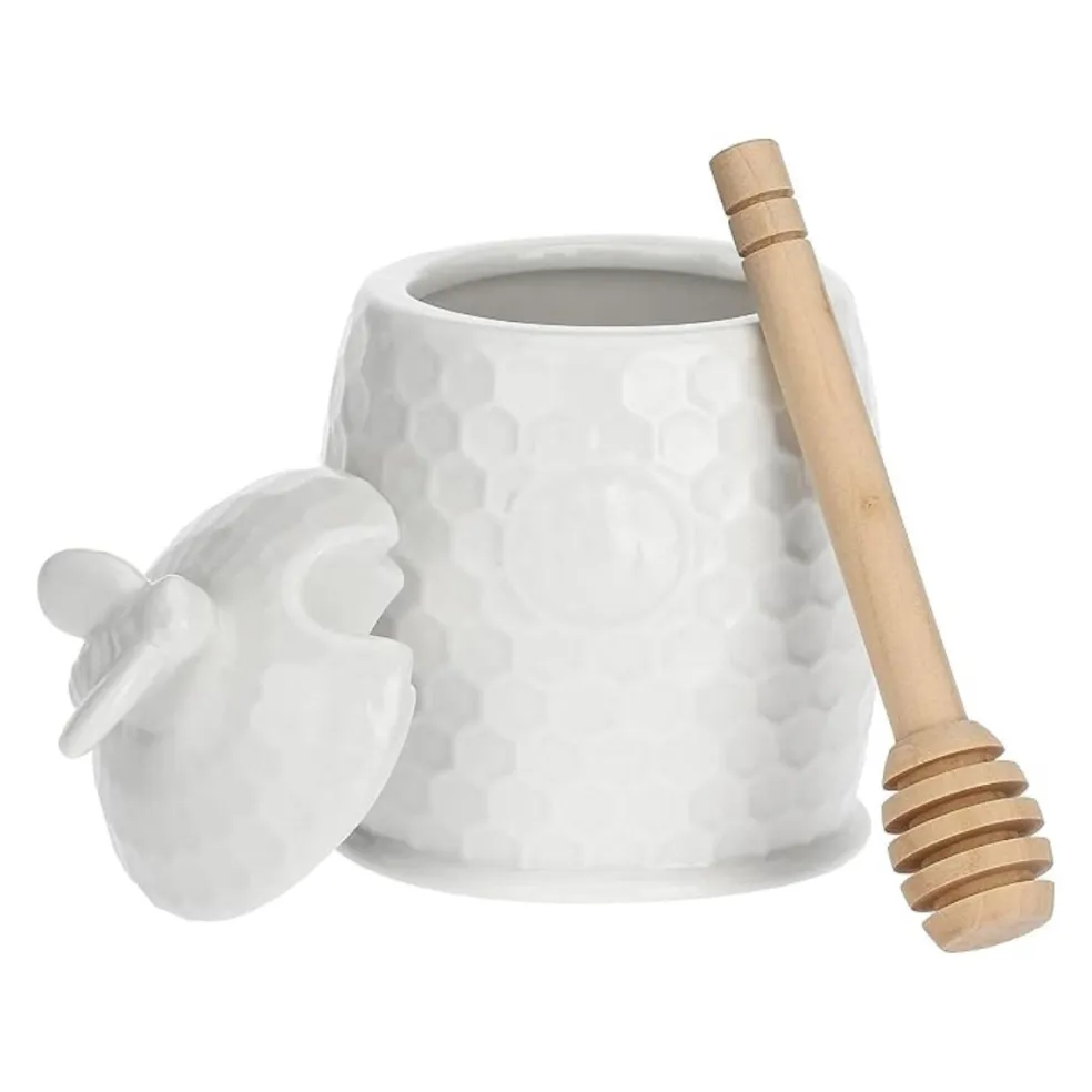 Tarro para la miel de porcelana con cuchara de madera Aperegina La Porcellana Bianca