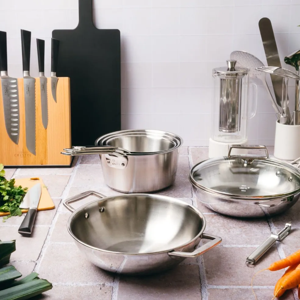 Wok de acero inoxidable 3-Ply con tapa de cristal Castel'Pro Cristel